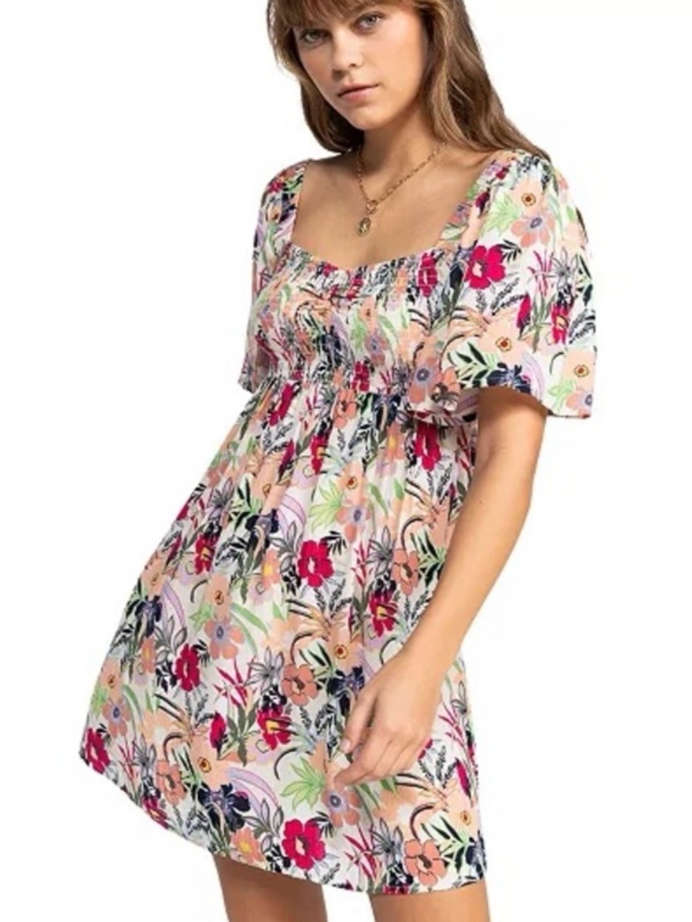 Roxy Dress Size S Floral Smocked Backless Mini Boho Festival Beach Viscose 11/3